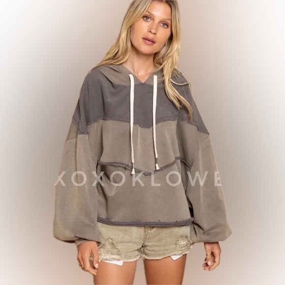POL Tops - POL Anthropologie Oversized Baggy Gray Olive Textured Casual Hoodie Sweatshirt S